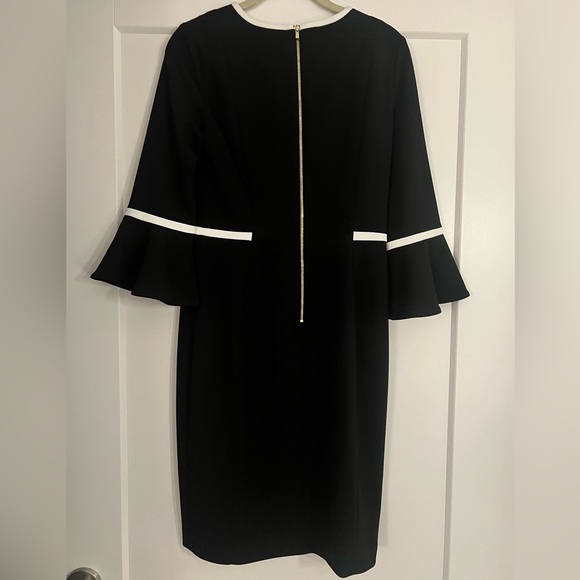 Calvin Klein Black Dress with Bell Sleeve and white piping detail, size 6 - Picture 6 of 8
